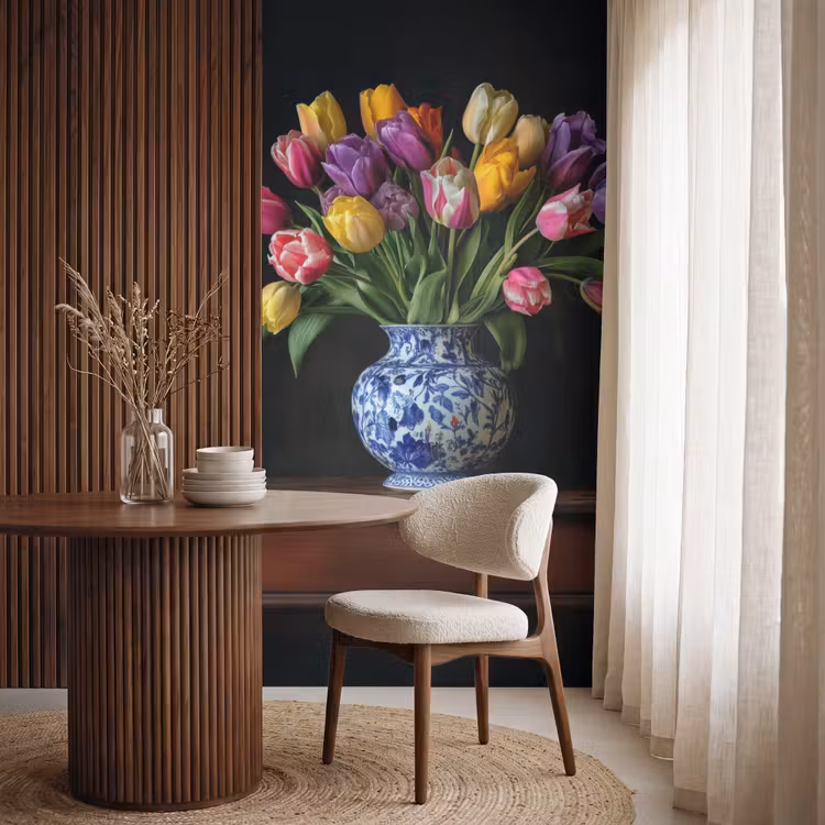 Tulpen - Kleuren - Hout - Vaas Behang Vlies klein -sfeer1