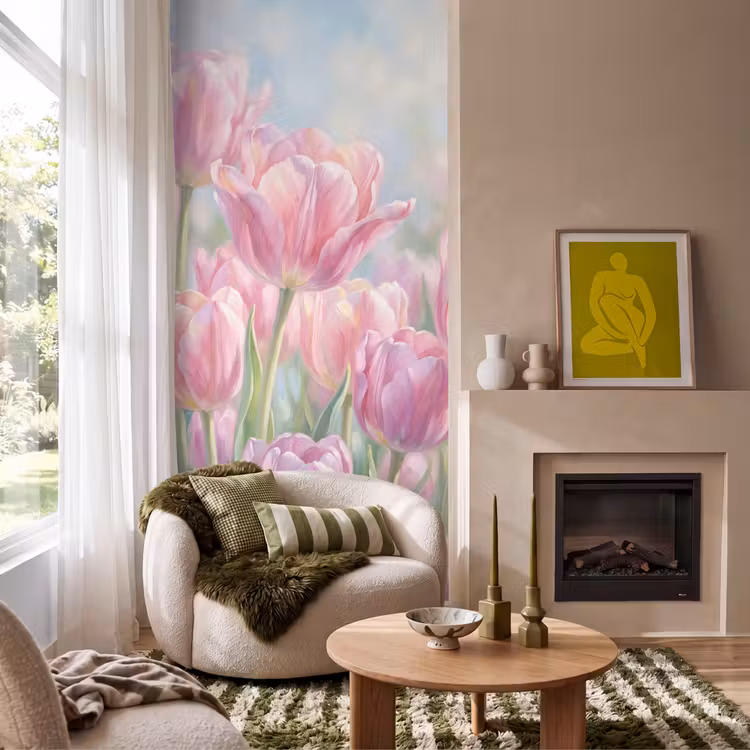 Tulpen - Veld - Lente - Roze Behang Vlies klein -sfeer2