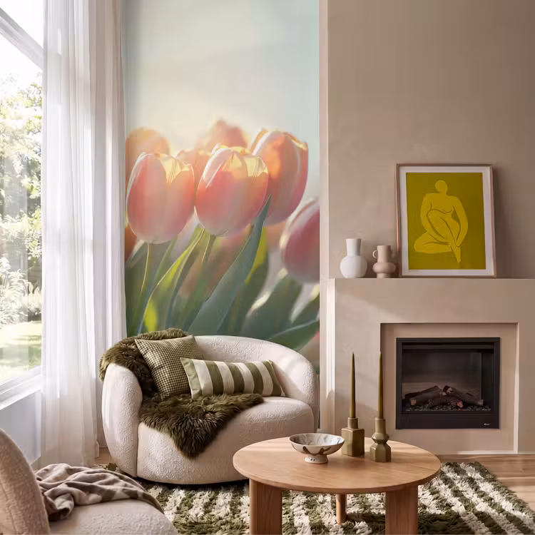 Tulpen - Roze - Zonnestralen Behang Vlies klein -sfeer2