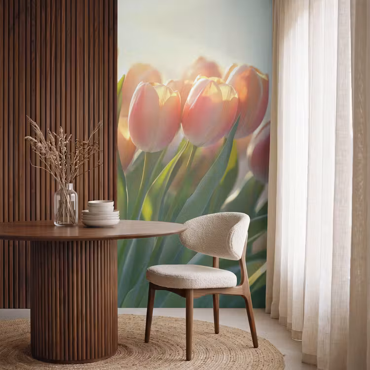 Tulpen - Roze - Zonnestralen Behang Vlies klein -sfeer1