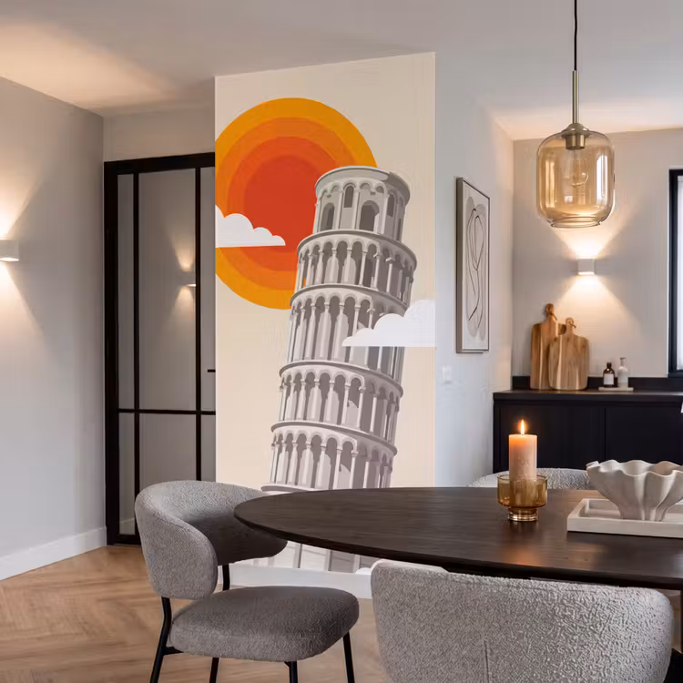 Toren - Pisa - Architectuur - Minimalistisch - Beige Behang Vlies klein -sfeer3
