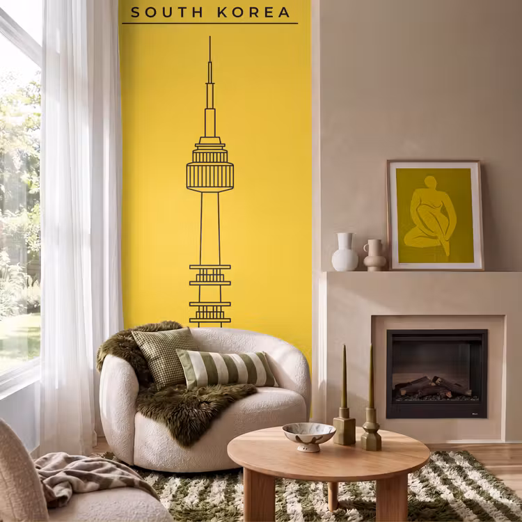 Toren - Seoul - Architectuur - Minimalistisch - Geel Behang Vlies klein -sfeer2
