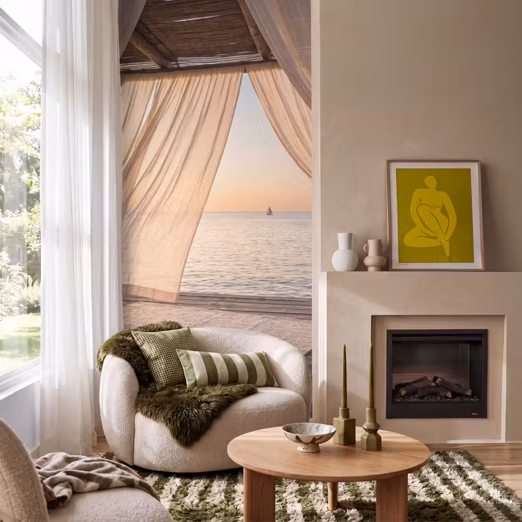 Overkapping - Zee - Zonsondergang - Vakantie - Rust Behang Vlies klein -sfeer2