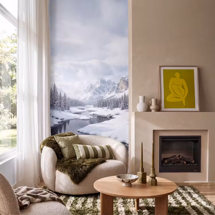Sneeuwlandschap - Bergen - Rivier - Winter Behang Vlies klein -sfeer2