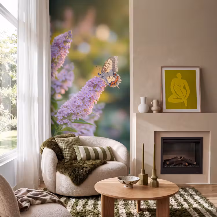 Sierlijke - Vlinder - Paarse - Bloemen Behang Vlies klein -sfeer2