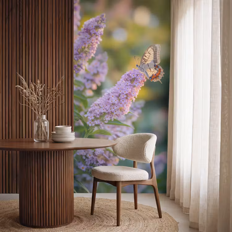 Sierlijke - Vlinder - Paarse - Bloemen Behang Vlies klein -sfeer1