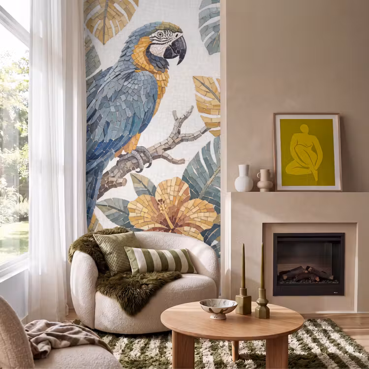 Vogel - Tak - Natuur - Mozaïek - Blauw Behang Vlies klein -sfeer2