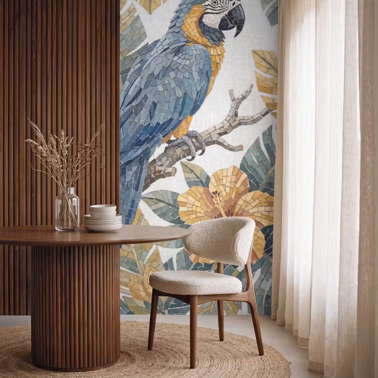 Vogel - Tak - Natuur - Mozaïek - Blauw Behang Vlies klein -sfeer1