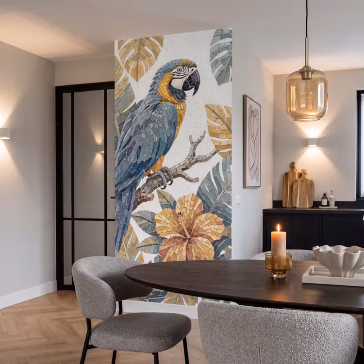 Vogel - Tak - Natuur - Mozaïek - Blauw Behang Vlies klein -sfeer3
