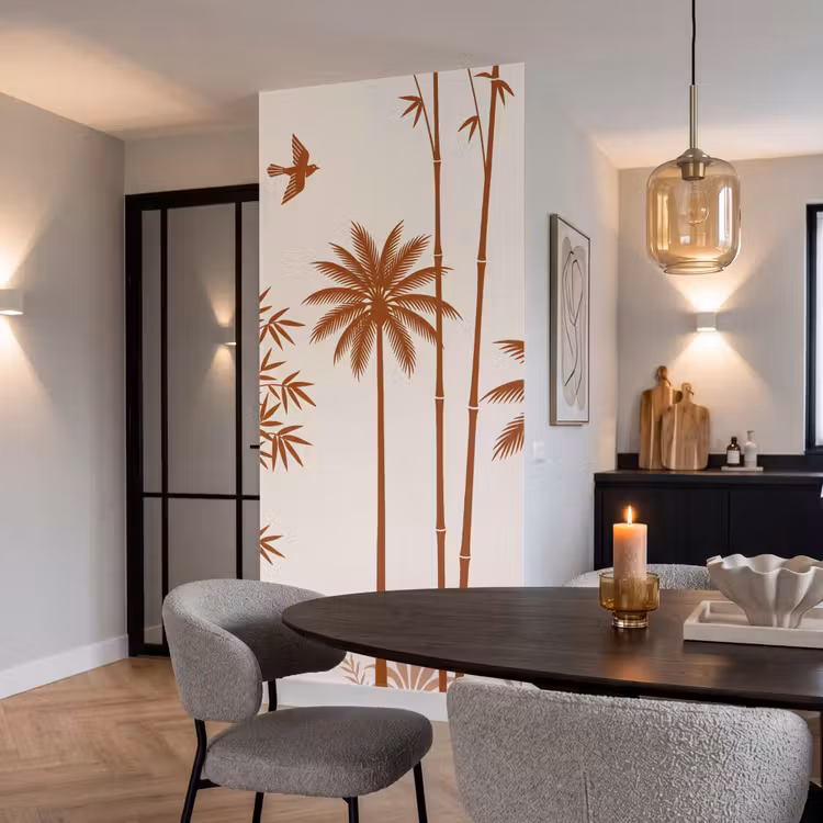 Vogel - Boom - Tropisch - Minimalistisch - Bruin Behang Vlies klein -sfeer3