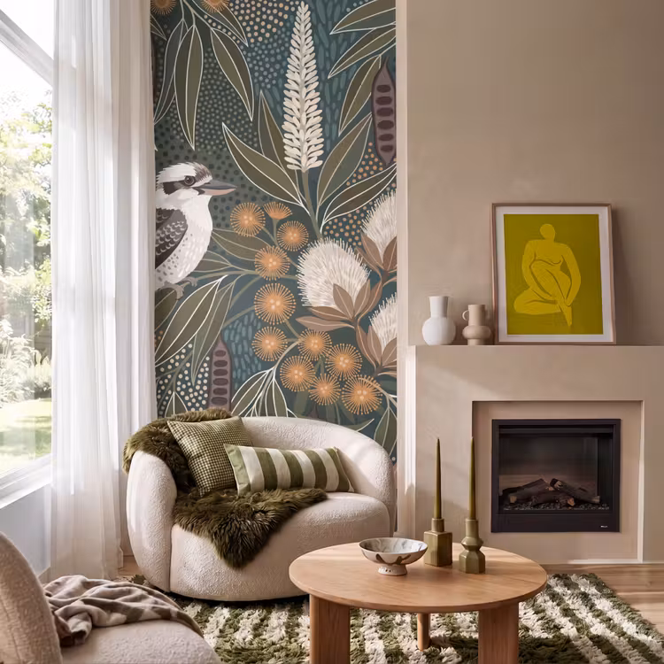 Vogel - Bladeren - Natuur - Illustratie - Groen Behang Vlies klein -sfeer2