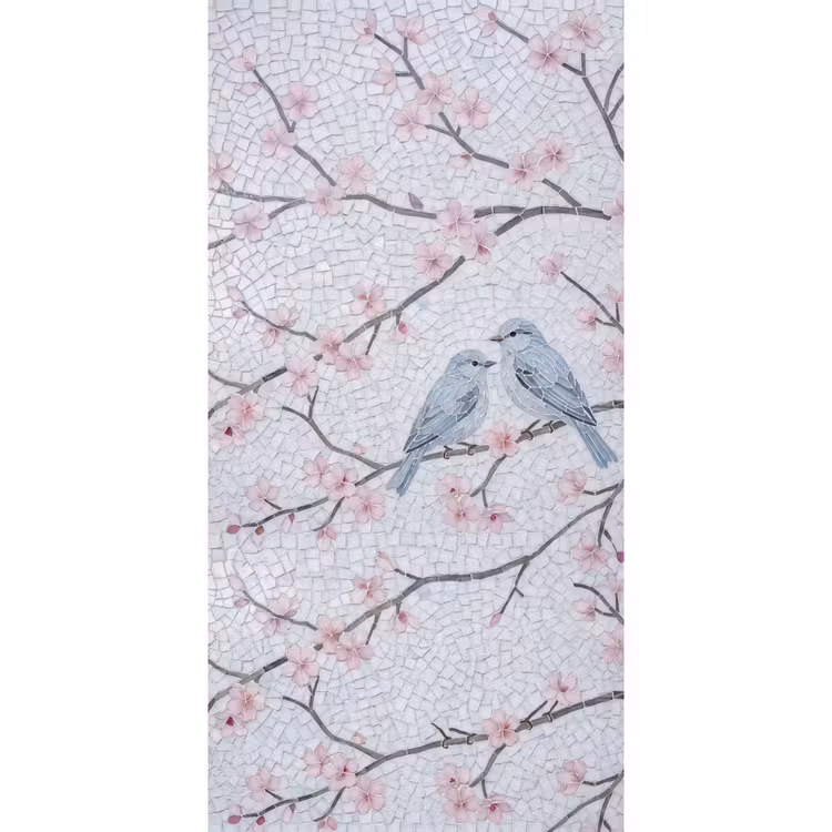 Vogel - Bloemen - Natuur - Mozaïek - Roze Behang Vlies klein -3d_website