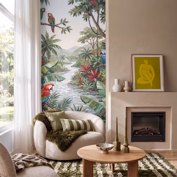 Vogel - Jungle - Natuur - Mozaïek - Groen Behang Vlies klein -sfeer2
