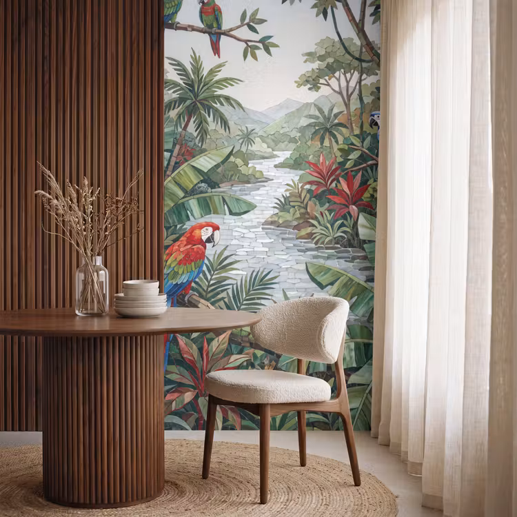 Vogel - Jungle - Natuur - Mozaïek - Groen Behang Vlies klein -sfeer1