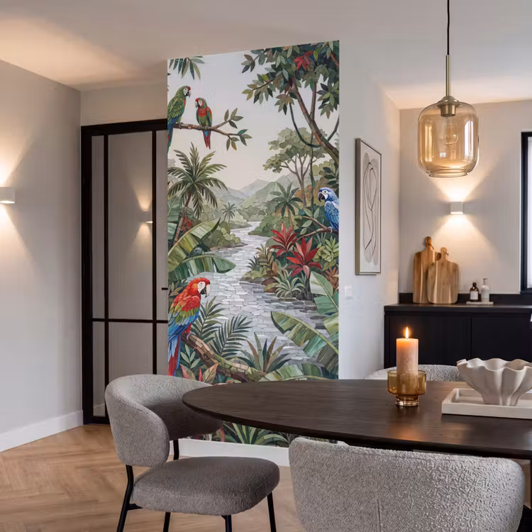 Vogel - Jungle - Natuur - Mozaïek - Groen Behang Vlies klein -sfeer3