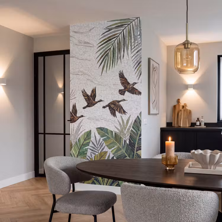 Vogel - Vliegend - Tropisch - Mozaïek - Groen Behang Vlies klein -sfeer3