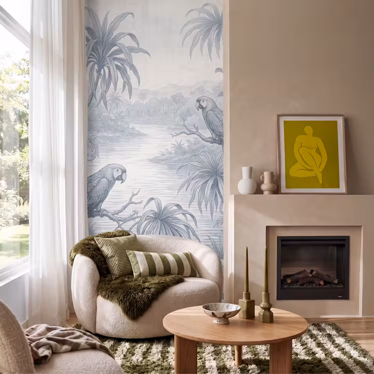 Vogel - Rivier - Tropisch - Illustratie - Blauw Behang Vlies klein -sfeer2