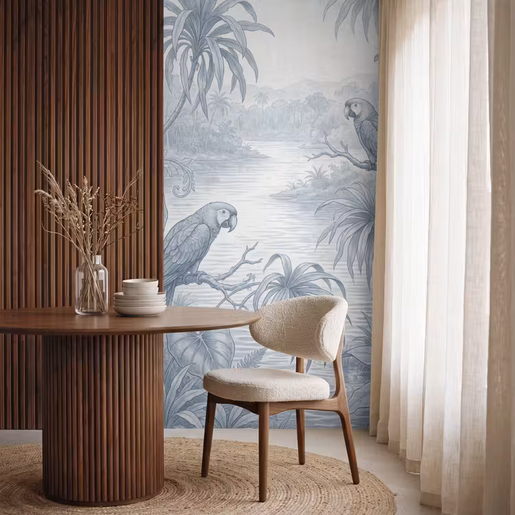 Vogel - Rivier - Tropisch - Illustratie - Blauw Behang Vlies klein -sfeer1