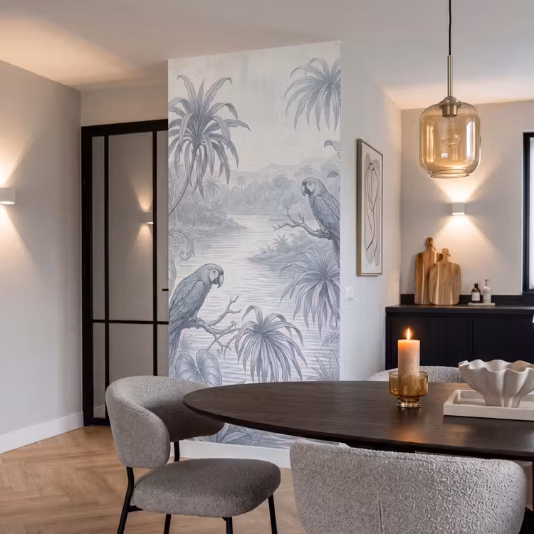 Vogel - Rivier - Tropisch - Illustratie - Blauw Behang Vlies klein -sfeer3