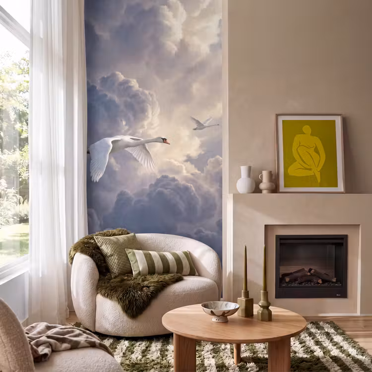 Vogel - Vliegend - Natuur - Wit - Wolken Behang Vlies klein -sfeer2