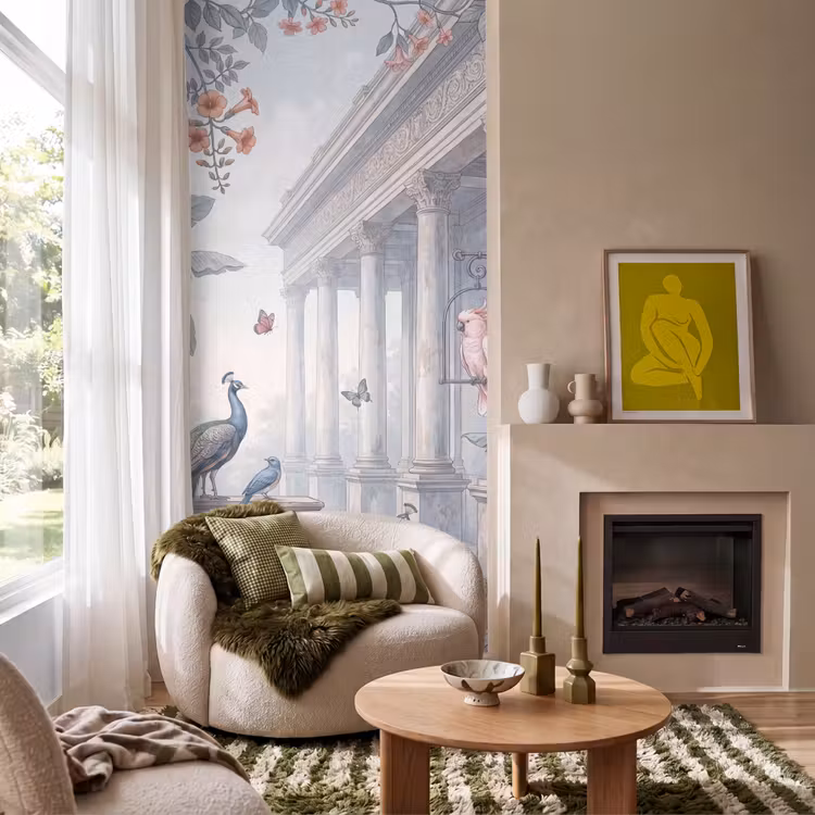 Vogel - Pauw - Architectuur - Klassiek - Groen Behang Vlies klein -sfeer2