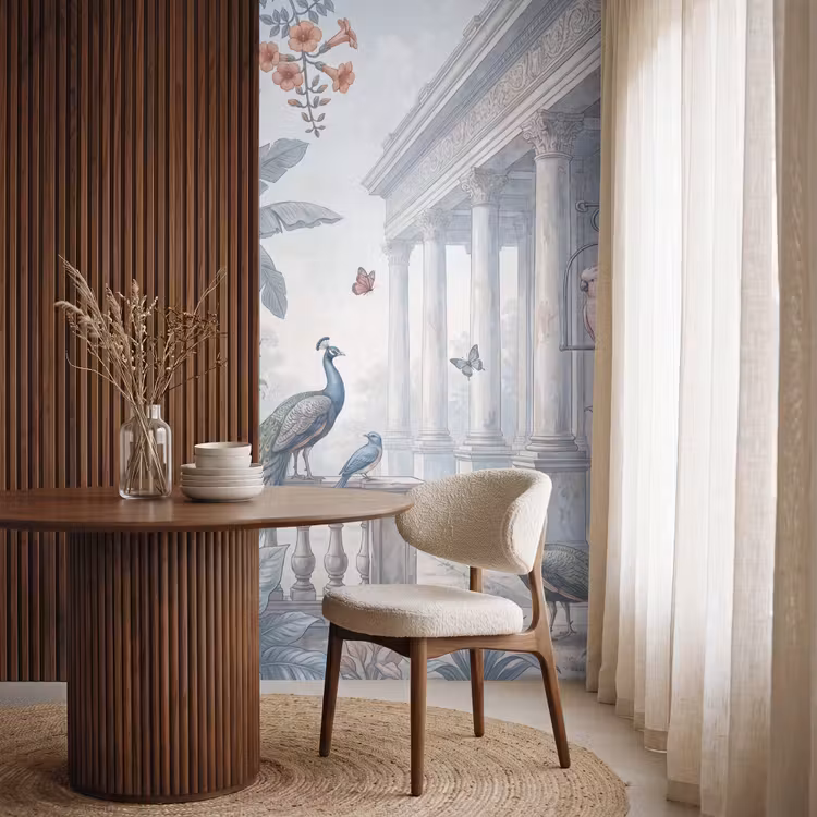Vogel - Pauw - Architectuur - Klassiek - Groen Behang Vlies klein -sfeer1