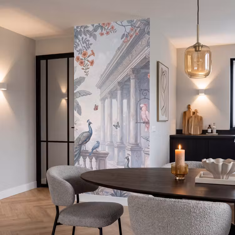 Vogel - Pauw - Architectuur - Klassiek - Groen Behang Vlies klein -sfeer3