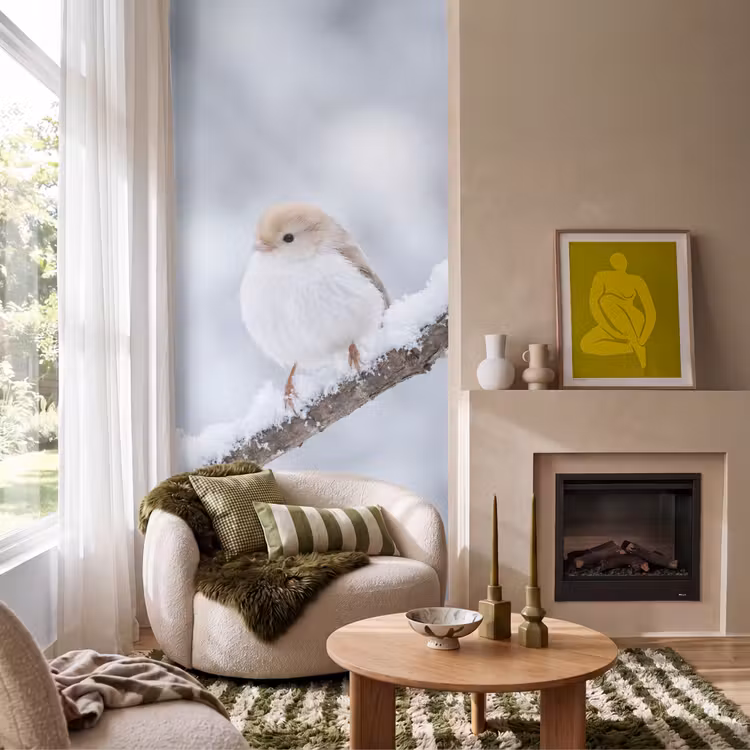 Vogeltje - Sneeuw - Tak - Winter - Zacht Behang Vlies klein -sfeer2