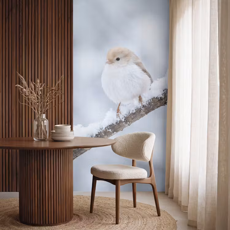 Vogeltje - Sneeuw - Tak - Winter - Zacht Behang Vlies klein -sfeer1
