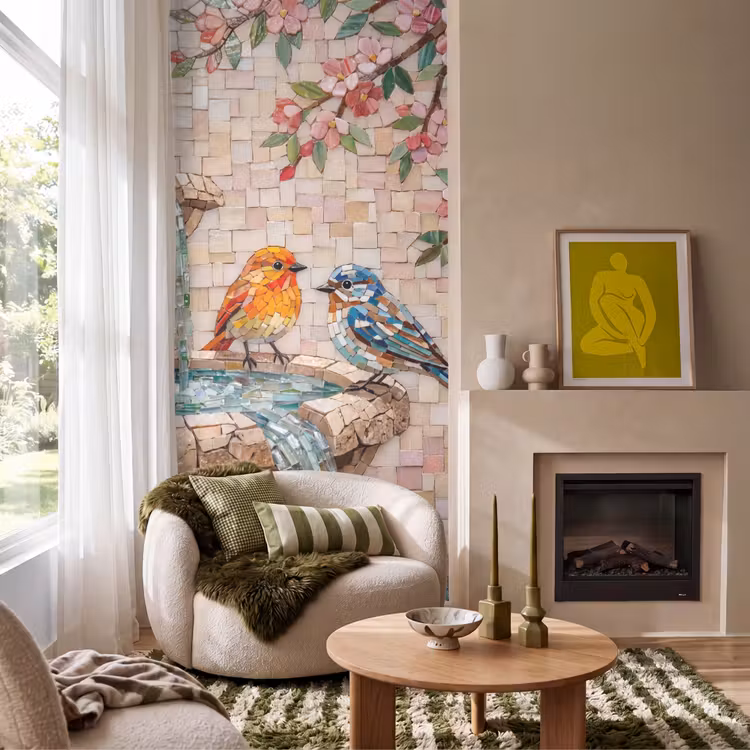 Vogel - fontein - mozaiek - kleurrijk - dieren Behang Vlies klein -sfeer2