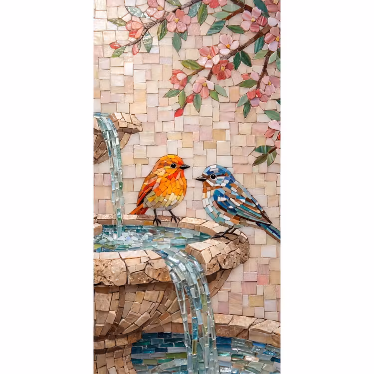 Vogel - fontein - mozaiek - kleurrijk - dieren Behang Vlies klein -3d_website