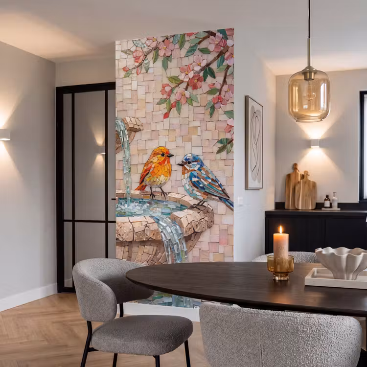 Vogel - fontein - mozaiek - kleurrijk - dieren Behang Vlies klein -sfeer3