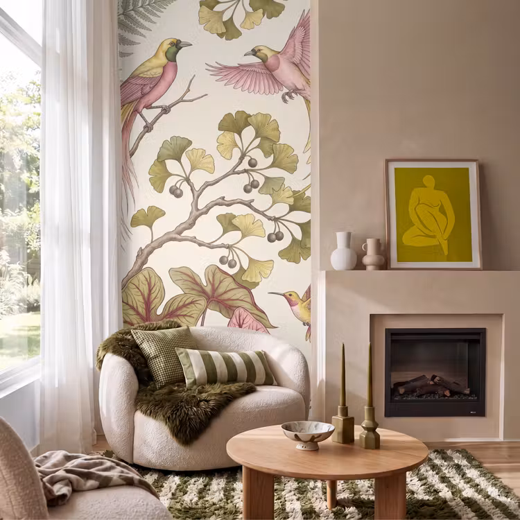 Vogels - Tropisch - Botanisch - Roze Behang Vlies klein -sfeer2
