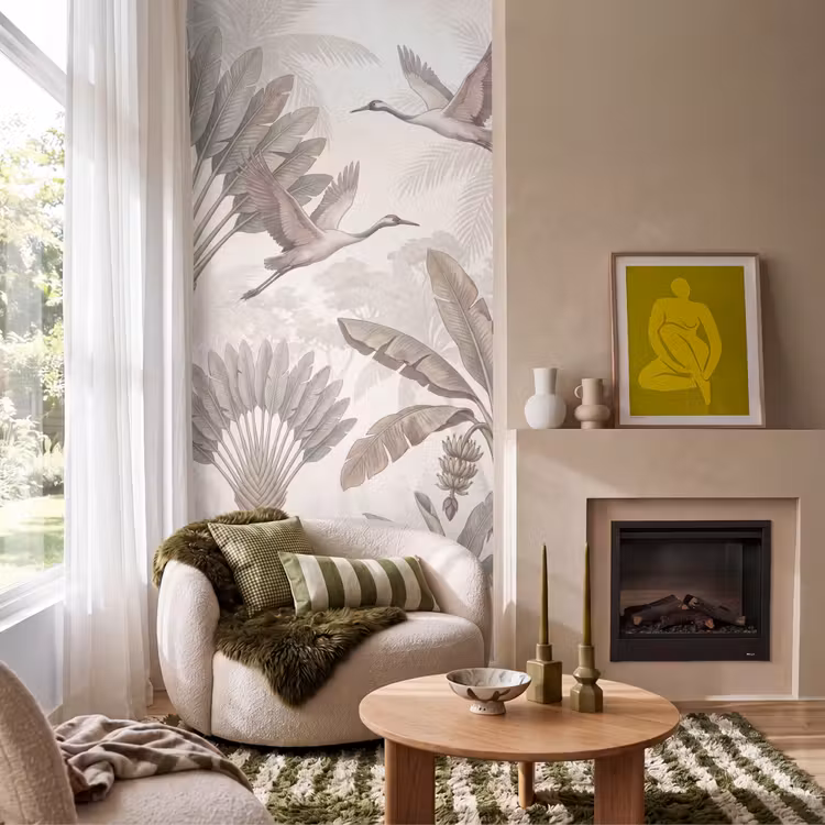 Vogel - Tropisch - Jungle - Natuur - Beige Behang Vlies klein -sfeer2