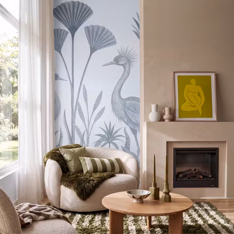 Vogel - Tropisch - Illustratie - Blauwgrijs - Natuur Behang Vlies klein -sfeer2