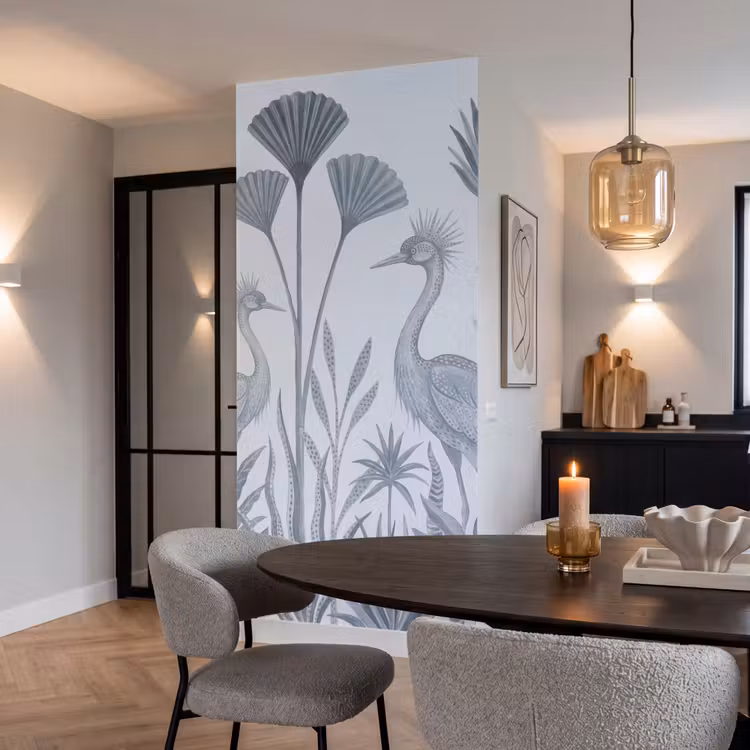 Vogel - Tropisch - Illustratie - Blauwgrijs - Natuur Behang Vlies klein -sfeer3
