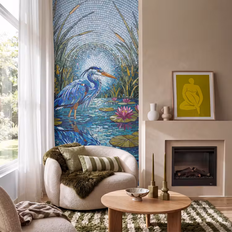 Vogel - Water - Natuur - Abstract - Blauw Behang Vlies klein -sfeer2