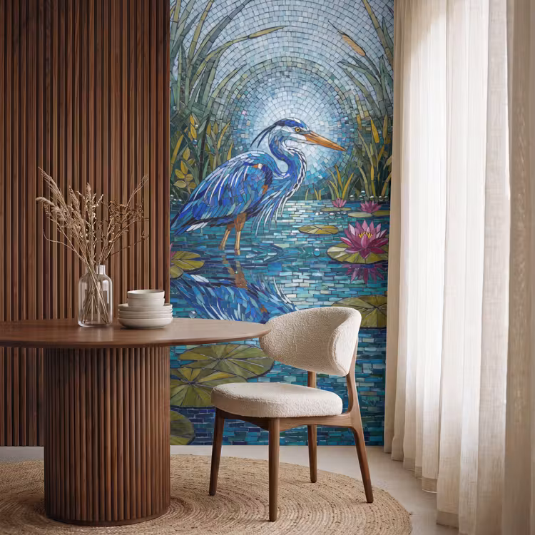 Vogel - Water - Natuur - Abstract - Blauw Behang Vlies klein -sfeer1