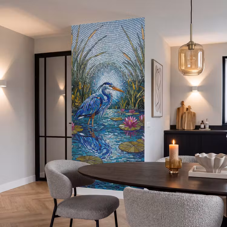 Vogel - Water - Natuur - Abstract - Blauw Behang Vlies klein -sfeer3