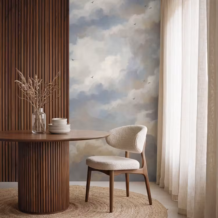 Vogel - Wolken - Natuur - Modern - Grijs Behang Vlies klein -sfeer1