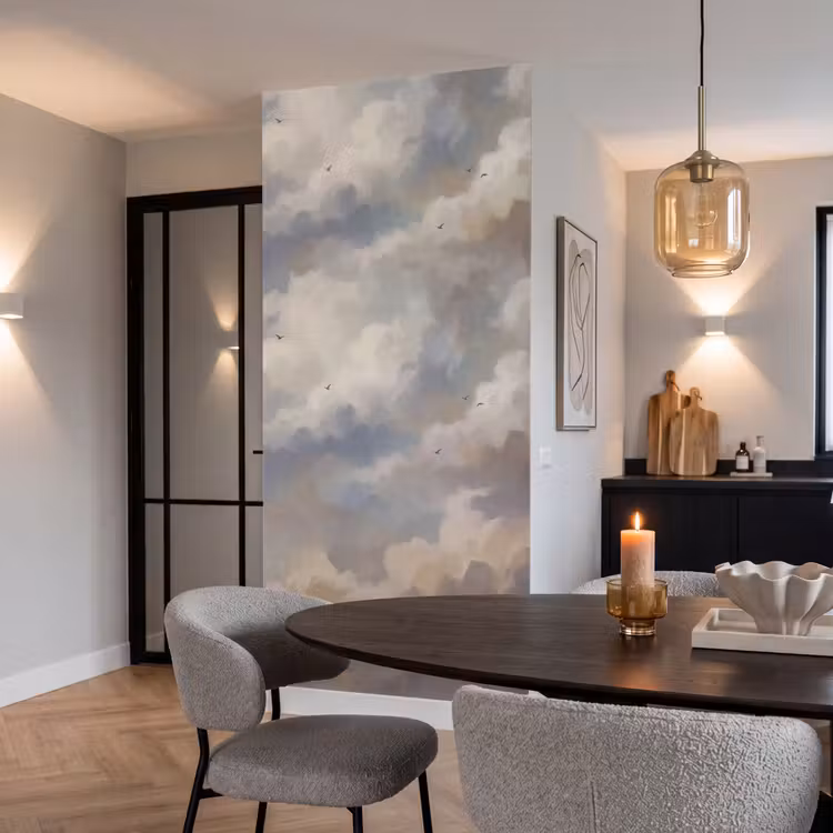 Vogel - Wolken - Natuur - Modern - Grijs Behang Vlies klein -sfeer3