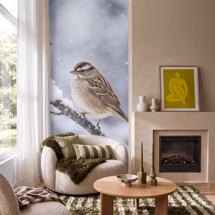 Vogel - Tak - Sneeuw - Winter Behang Vlies klein -sfeer2