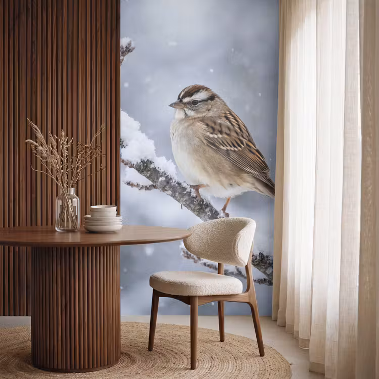 Vogel - Tak - Sneeuw - Winter Behang Vlies klein -sfeer1