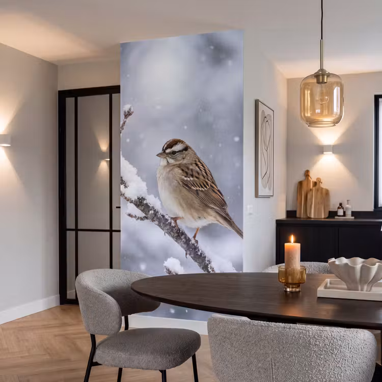 Vogel - Tak - Sneeuw - Winter Behang Vlies klein -sfeer3