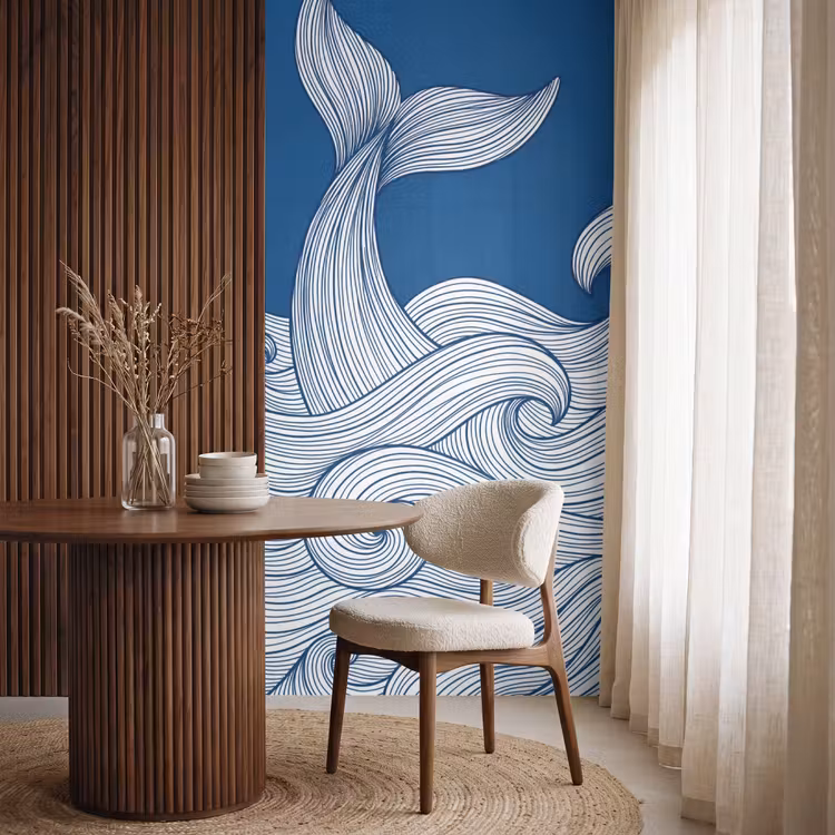 Walvis - Staart - Golven - Lijntekening - Blauw Behang Vlies klein -sfeer1