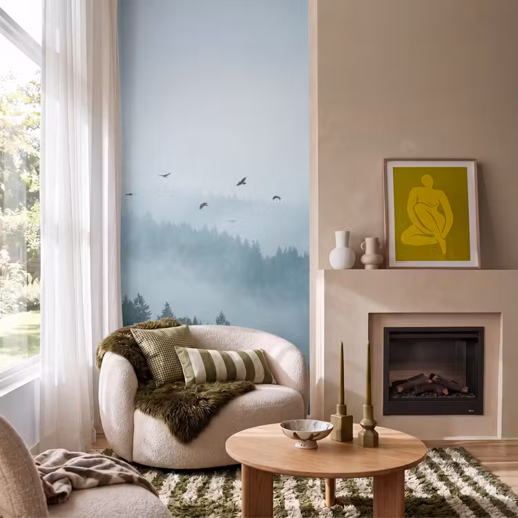 Bos - Mist - Vogels - Natuur - Groen Behang Vlies klein -sfeer2