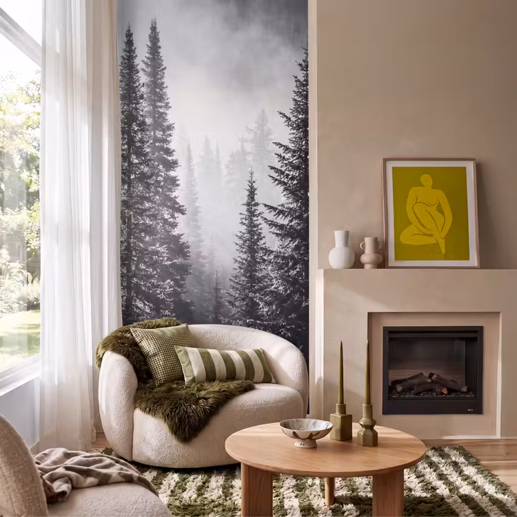 Bos - Mist - Winter - Monochroom - Natuur Behang Vlies klein -sfeer2