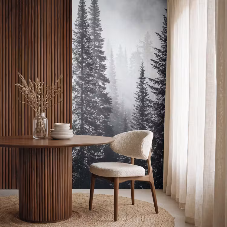 Bos - Mist - Winter - Monochroom - Natuur Behang Vlies klein -sfeer1