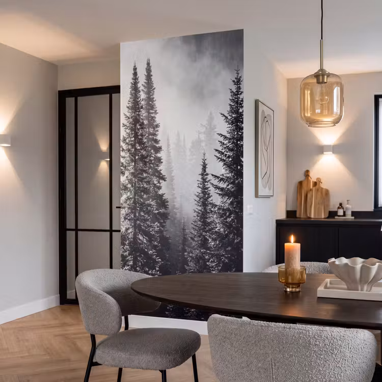 Bos - Mist - Winter - Monochroom - Natuur Behang Vlies klein -sfeer3