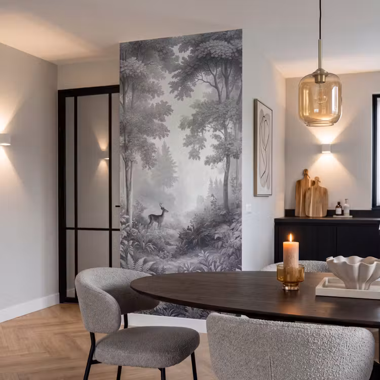 Bos - Hert - Zwart - Wit Behang Vlies klein -sfeer3